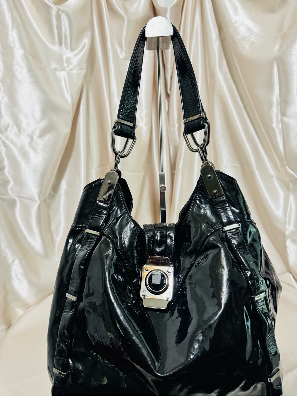 Celine Black Patent Leather Hobo Bag with Polished Hardware